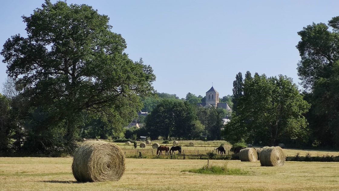 Chateau La Mothaye gite kasteelovernachting Loire Frankrijk - velden hooibalen